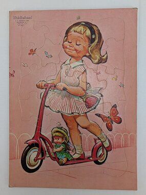 Vintage Kiddieland Frame Tray Puzzle Girl Riding Scooter with Baby Doll 1447-C